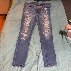 American Eagle Outfitters Blue Skinny Jeans with Distressed Design